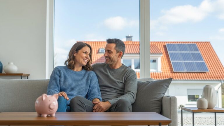 Ein Ehepaar spricht im Wohnzimmer und spricht über die Amortisation ihrer PV-Anlage mit Speicher. Auf dem Tisch vor ihnen steht ein Sparschwein. Im Hintergrund ist durch das Fenster ein Haus mit Solarmodulen auf dem Dach zu sehen.