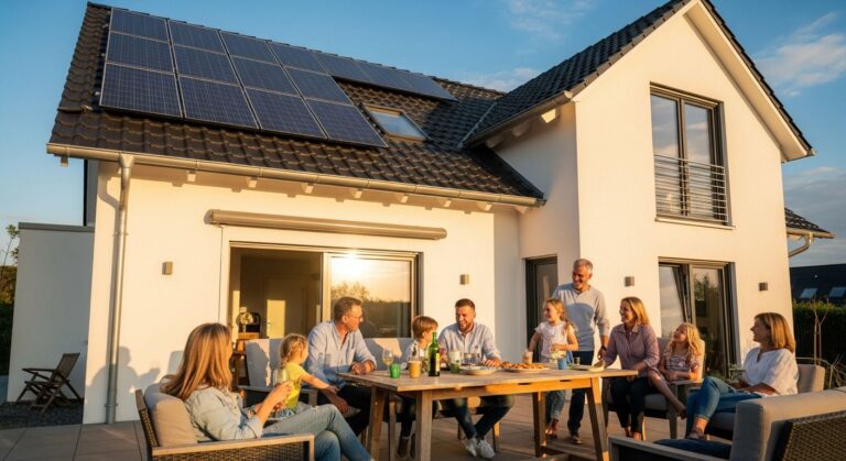 Eine Familie genießt kostbare Zeit mit Freunden auf der Terrasse vor ihrem Einfamilienhaus.
