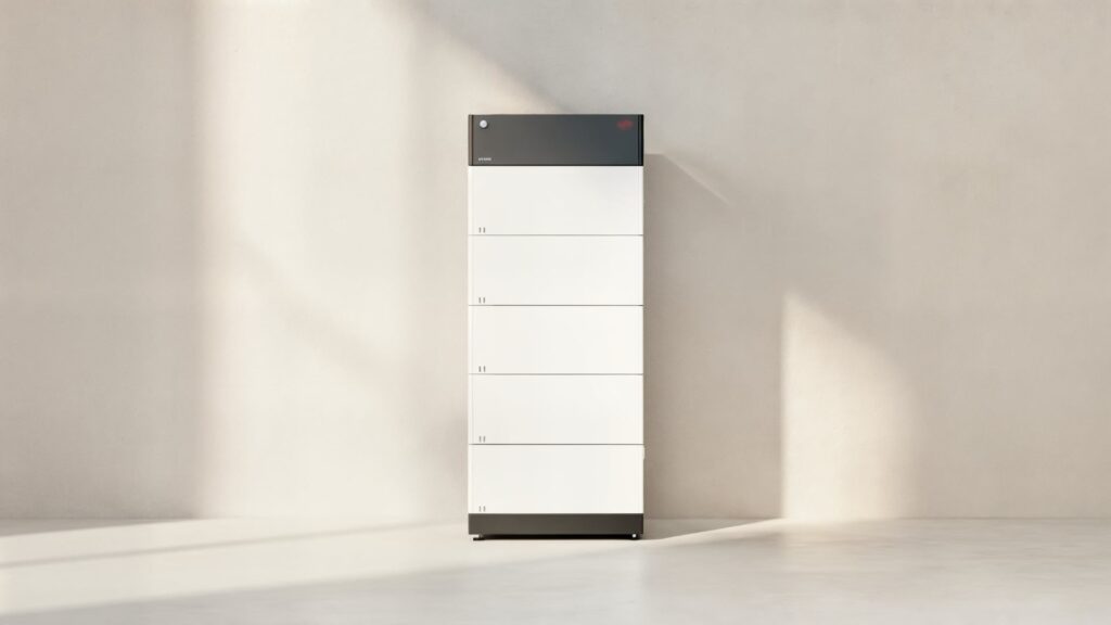 Ein weißer Batteriespeicher steht vor einer schlichten, hellen Wand in einem sonnenbeschienenen Raum – ideal für alle, die ihr Solarsystem mit PV-Speicher nachrüsten und erweitern wollen.